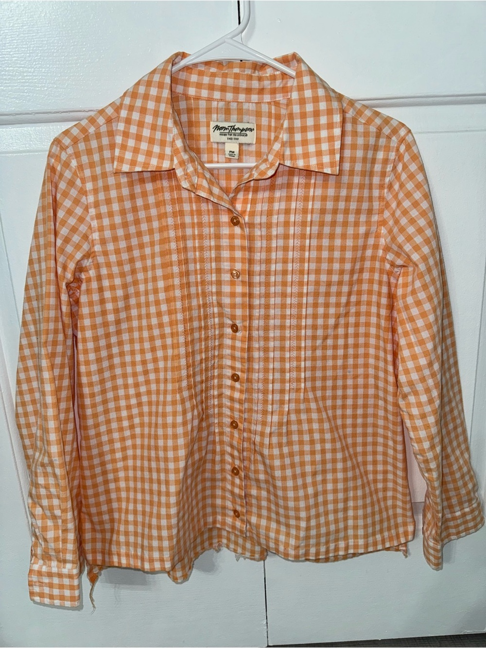 Norm Thompson Women’s PM Orange White Gingham Plaid Button Front Long Sleeve